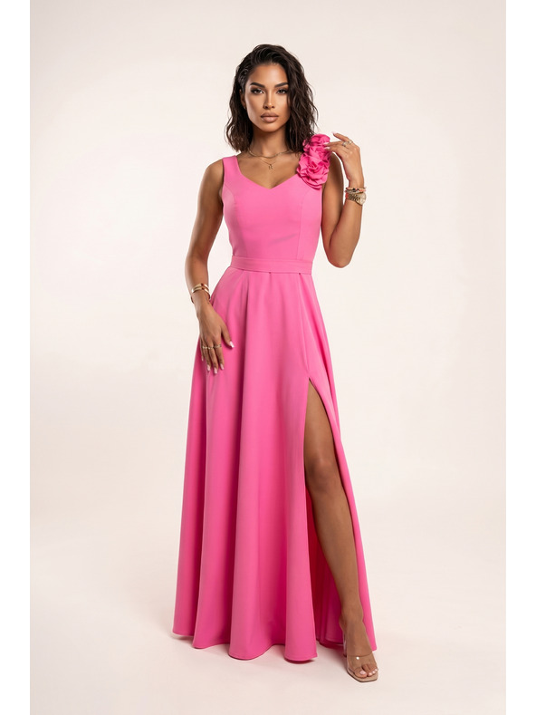 numoco Elegantne večerne maksi obleke z razporkom in vrtnicami - sladkor roza