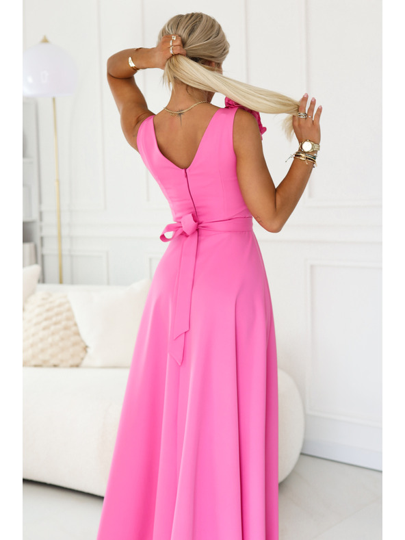 numoco Elegantne večerne maksi obleke z razporkom in vrtnicami - sladkor roza