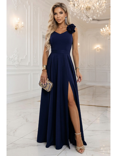 numoco Elegantne večerne maksi obleke z razporkom in vrtnicami - mornarsko modra