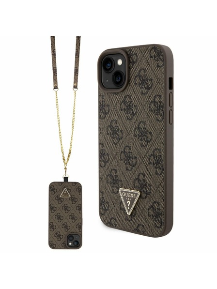 Guess Guess PU 4G Strass Triangle Metal Logo Zadnji Ovoj + Crossbody Naramnica za iPhone 15 Plus Brown