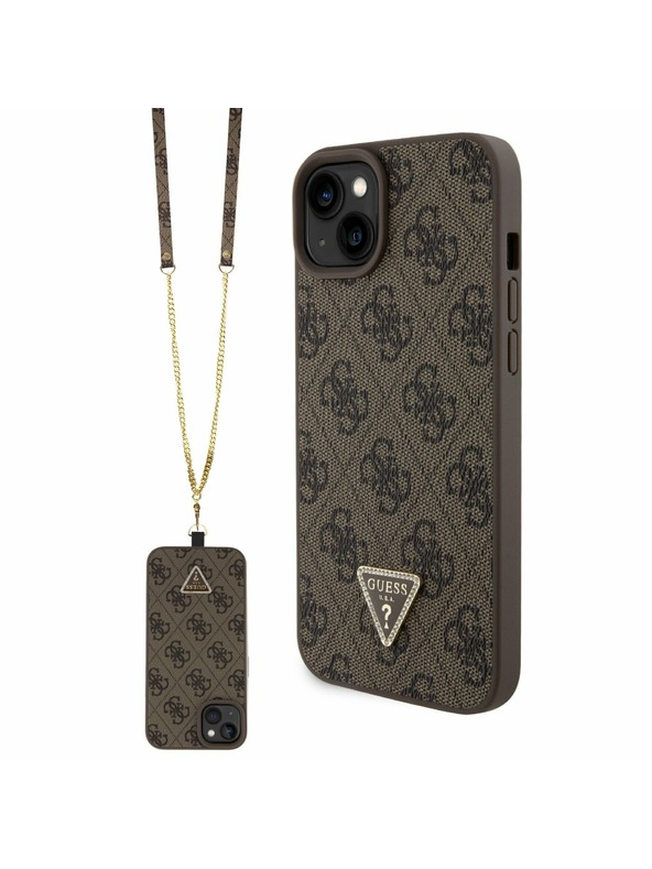 Guess Guess PU 4G Strass Triangle Metal Logo Zadnji Ovoj + Crossbody Naramnica za iPhone 15 Plus Brown
