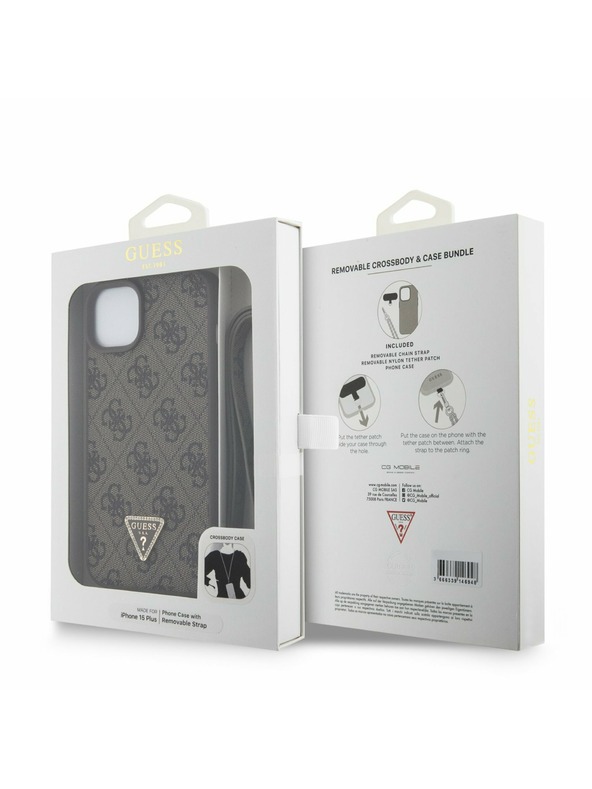 Guess Guess PU 4G Strass Triangle Metal Logo Zadnji Ovoj + Crossbody Naramnica za iPhone 15 Plus Brown