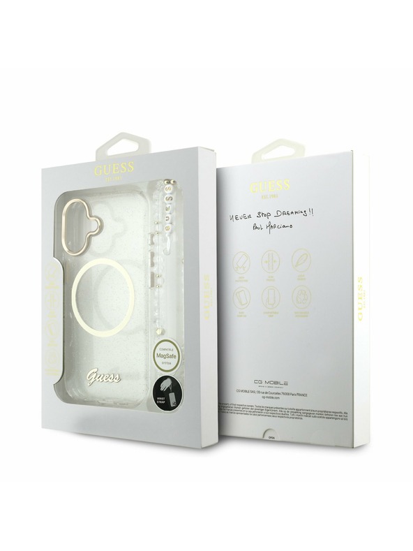 Guess Guess IML Glitter Script Strap MagSafe Zadnji ovoj za iPhone 17 Transparent