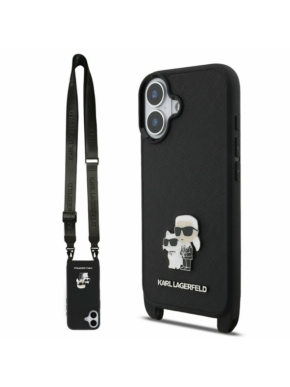 Karl Lagerfeld Karl Lagerfeld Saffiano Crossbody Naramnica Metal Karl and Choupette Zadnja Ovojnica za iPhone 17 Black