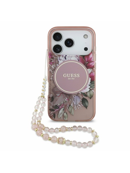 Guess Guess IML Flowers Strap MagSafe Zadnji ovitek za iPhone 17 Pro Pink