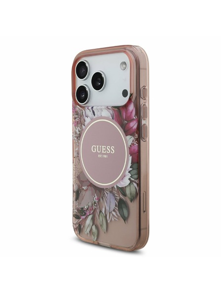 Guess Guess IML Flowers Strap MagSafe Zadnji ovitek za iPhone 17 Pro Pink