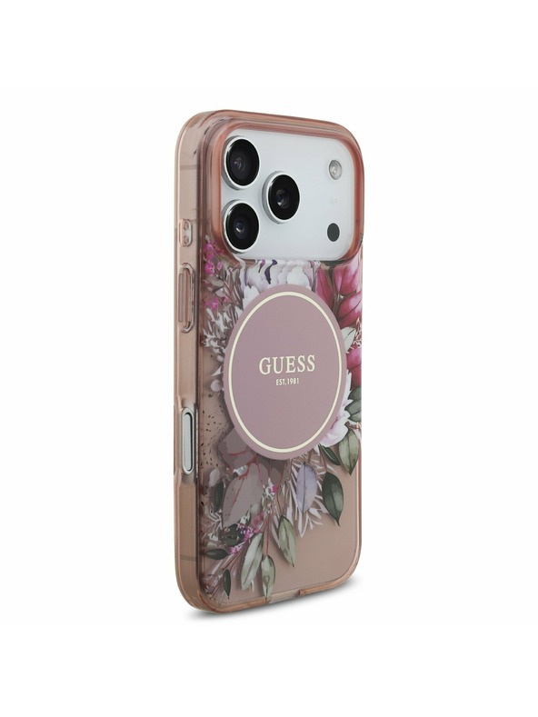Guess Guess IML Flowers Strap MagSafe Zadnji ovitek za iPhone 17 Pro Pink