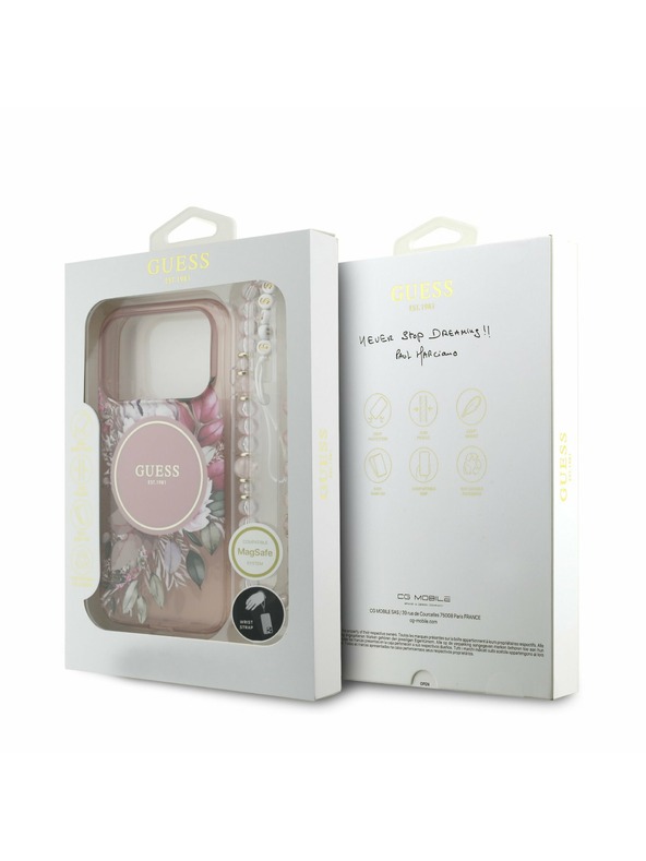 Guess Guess IML Flowers Strap MagSafe Zadnji ovitek za iPhone 17 Pro Pink