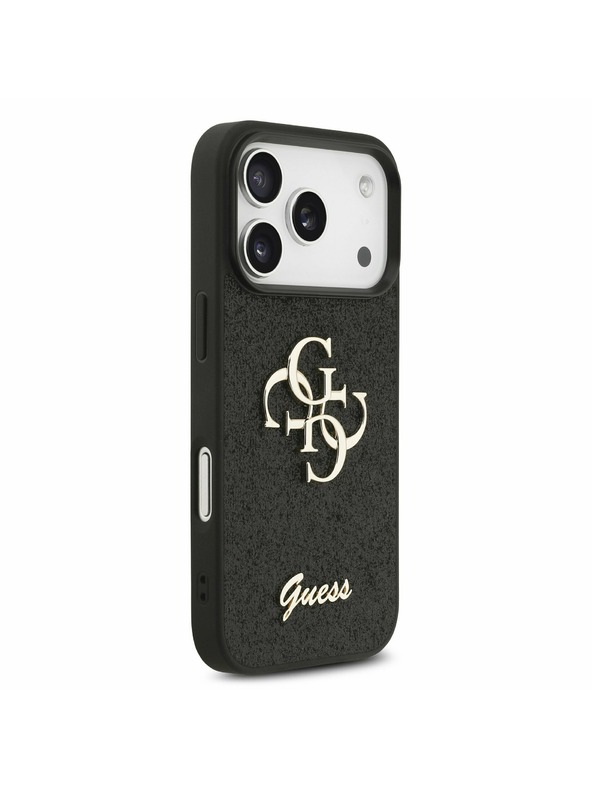 Guess Guess PU Fixed Glitter 4G Metal Logo Zadnji ovitek za iPhone 17 Pro Black
