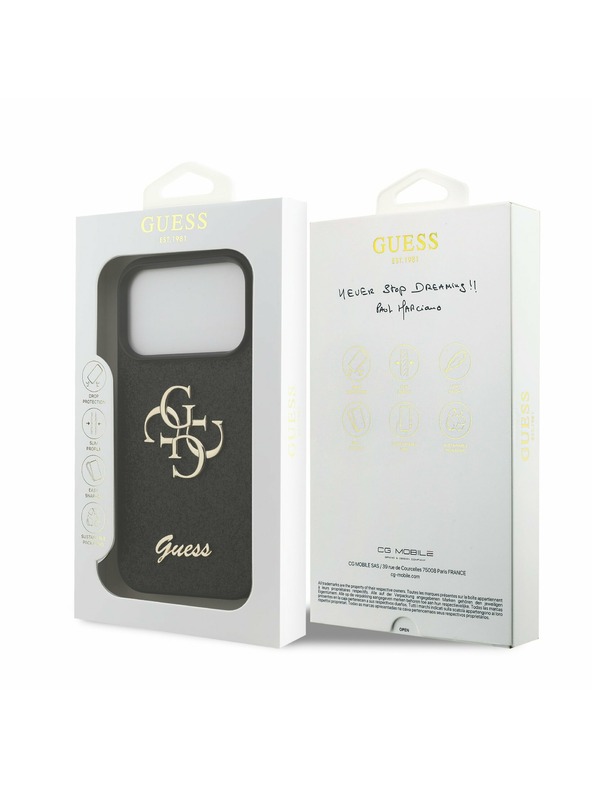 Guess Guess PU Fixed Glitter 4G Metal Logo Zadnji ovitek za iPhone 17 Pro Black