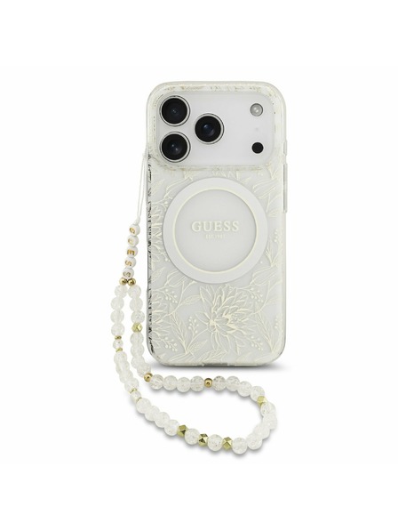 Guess Guess IML Flowers Allover Strap MagSafe Zadnji ovitek za iPhone 17 Pro White