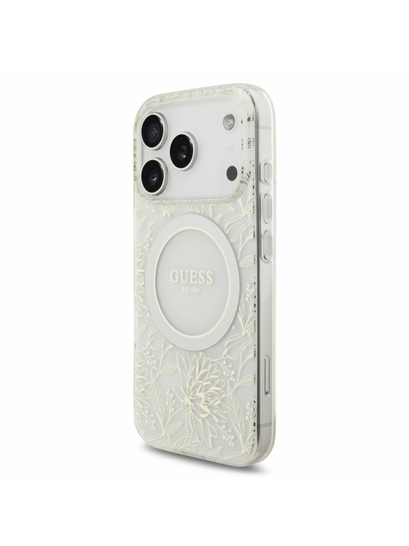 Guess Guess IML Flowers Allover Strap MagSafe Zadnji ovitek za iPhone 17 Pro White
