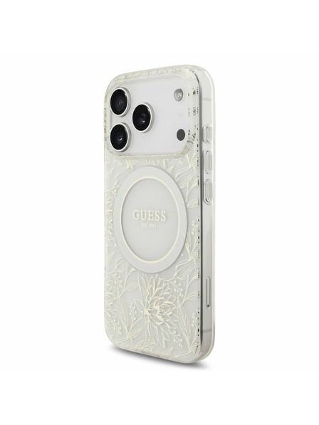 Guess Guess IML Flowers Allover Strap MagSafe Zadnji ovitek za iPhone 17 Pro White