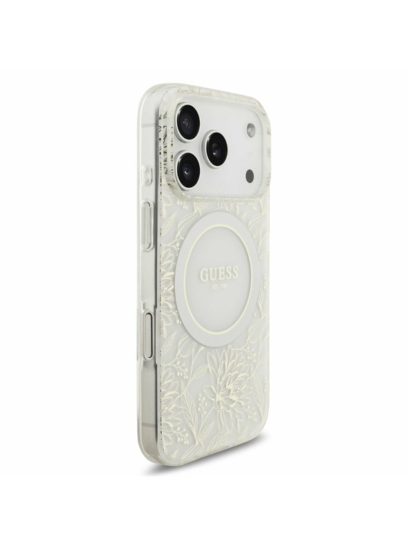 Guess Guess IML Flowers Allover Strap MagSafe Zadnji ovitek za iPhone 17 Pro White