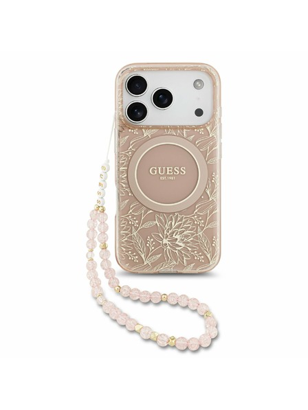 Guess Guess IML Flowers Allover Strap MagSafe Zadnji ovitek za iPhone 17 Pro Pink