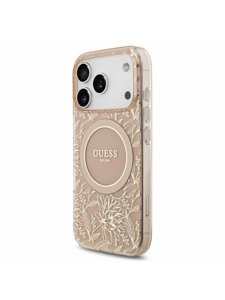 Guess Guess IML Flowers Allover Strap MagSafe Zadnji ovitek za iPhone 17 Pro Pink