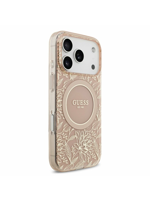 Guess Guess IML Flowers Allover Strap MagSafe Zadnji ovitek za iPhone 17 Pro Pink