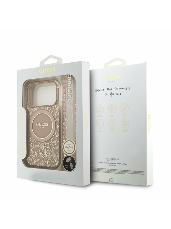Guess Guess IML Flowers Allover Strap MagSafe Zadnji ovitek za iPhone 17 Pro Pink