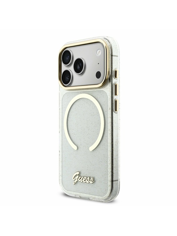 Guess Guess IML Glitter Script Strap MagSafe Zadnji ovitek za iPhone 17 Pro Transparent