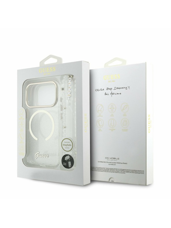 Guess Guess IML Glitter Script Strap MagSafe Zadnji ovitek za iPhone 17 Pro Transparent