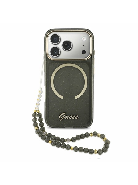 Guess Guess IML Glitter Script Strap MagSafe Zadnji ovitek za iPhone 17 Pro Black