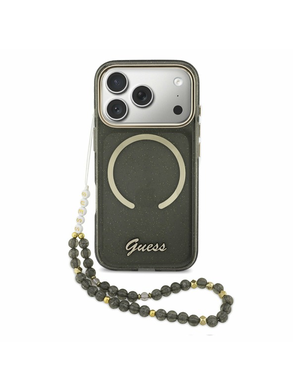 Guess Guess IML Glitter Script Strap MagSafe Zadnji ovitek za iPhone 17 Pro Black