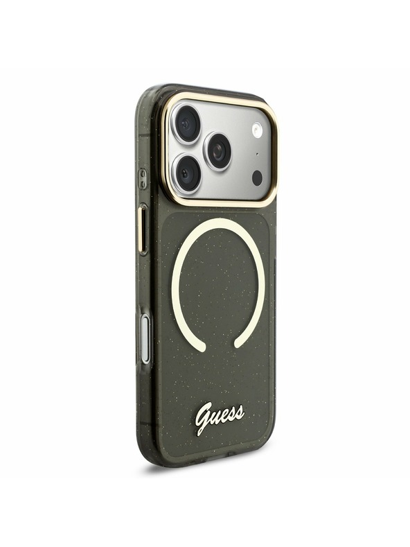 Guess Guess IML Glitter Script Strap MagSafe Zadnji ovitek za iPhone 17 Pro Black