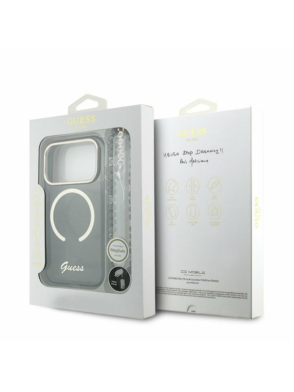 Guess Guess IML Glitter Script Strap MagSafe Zadnji ovitek za iPhone 17 Pro Black