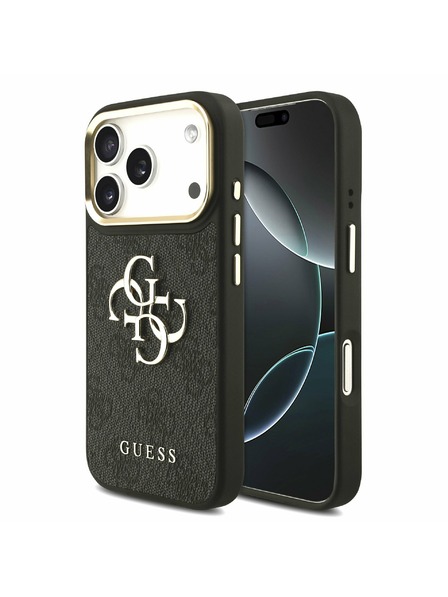 Guess Guess PU Leather 4G Metal Logo Gold Frame Zadnji Ovitek za iPhone 17 Pro Black