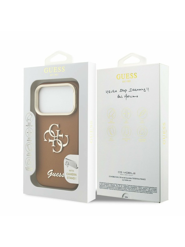 Guess Guess PU Grained 4G Logo Stand Camera Frame Zadnji Ovitek za iPhone 17 Pro Brown