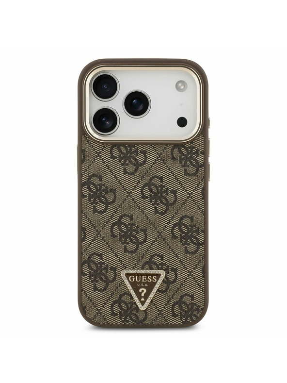 Guess Guess PU Leather 4G Strass Triangle Logo Gold Frame MagSafe Zadnji Ovitek za iPhone 17 Pro Brown