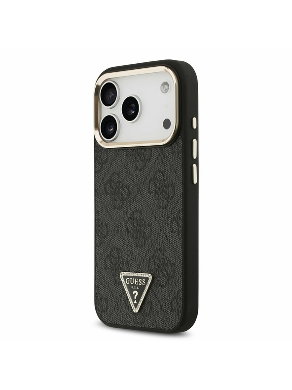 Guess Guess PU Leather 4G Strass Triangle Logo Gold Frame MagSafe Zadnji Ovitek za iPhone 17 Pro Black