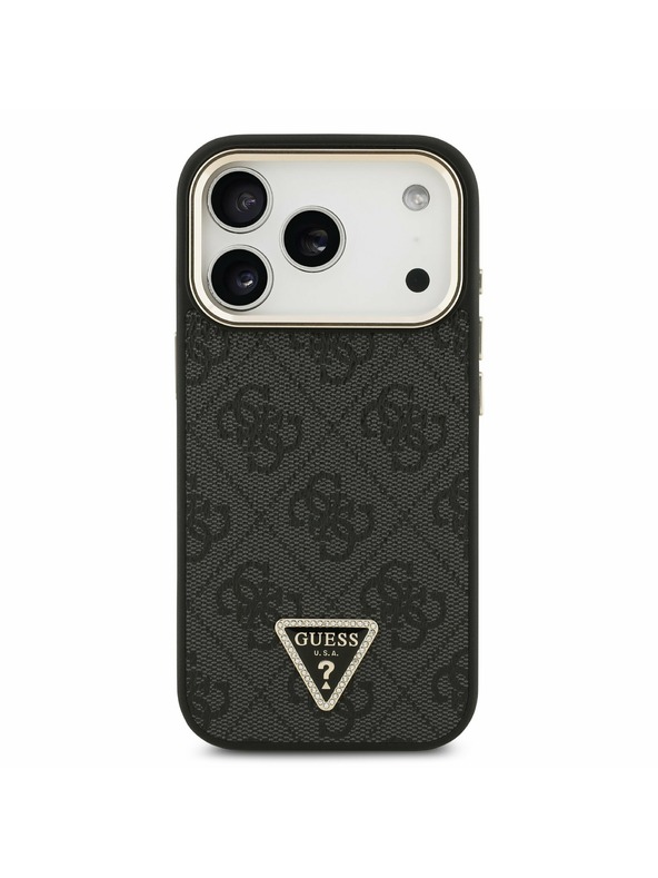 Guess Guess PU Leather 4G Strass Triangle Logo Gold Frame MagSafe Zadnji Ovitek za iPhone 17 Pro Black