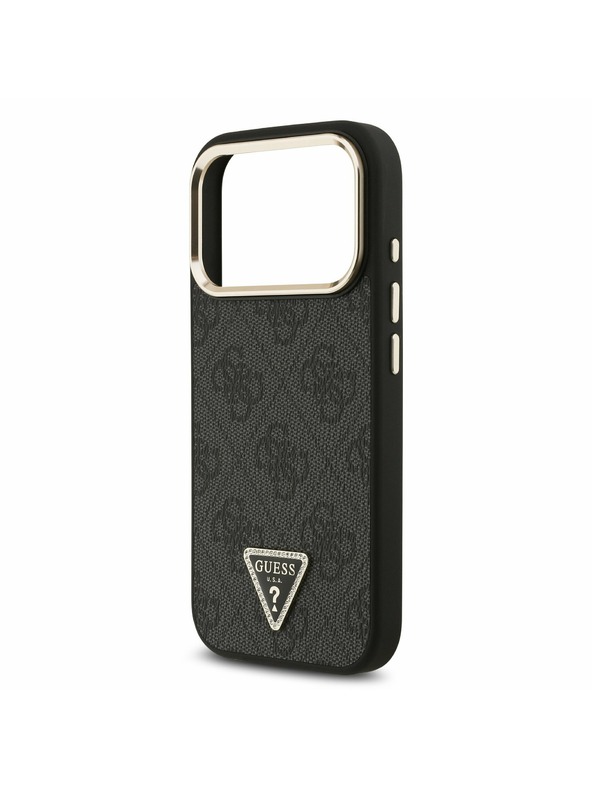 Guess Guess PU Leather 4G Strass Triangle Logo Gold Frame MagSafe Zadnji Ovitek za iPhone 17 Pro Black