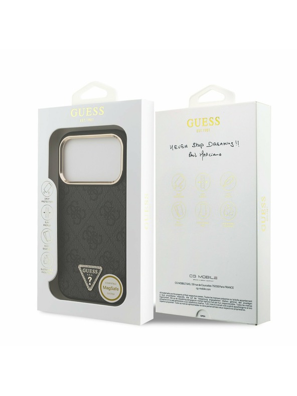 Guess Guess PU Leather 4G Strass Triangle Logo Gold Frame MagSafe Zadnji Ovitek za iPhone 17 Pro Black