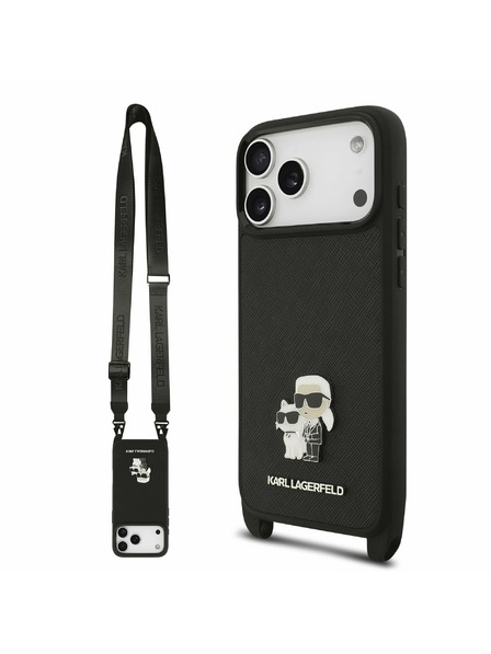 Karl Lagerfeld Karl Lagerfeld Saffiano Crossbody Trakovi Metal Karl and Choupette Zadnji Ovitek za iPhone 17 Pro Black