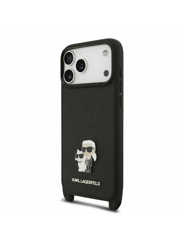 Karl Lagerfeld Karl Lagerfeld Saffiano Crossbody Trakovi Metal Karl and Choupette Zadnji Ovitek za iPhone 17 Pro Black