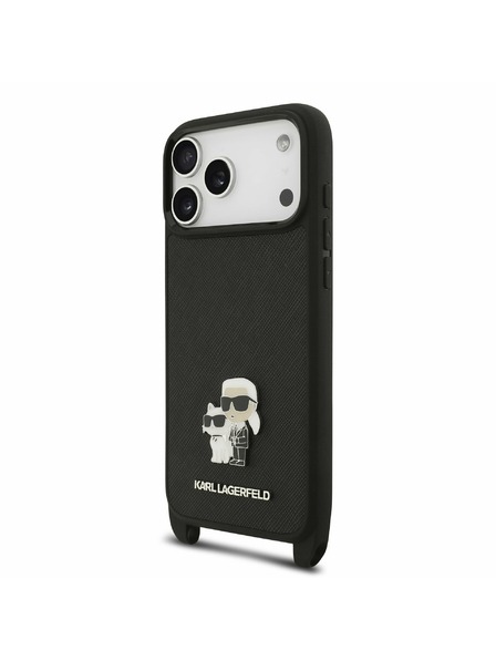 Karl Lagerfeld Karl Lagerfeld Saffiano Crossbody Trakovi Metal Karl and Choupette Zadnji Ovitek za iPhone 17 Pro Black