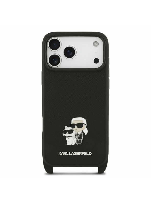 Karl Lagerfeld Karl Lagerfeld Saffiano Crossbody Trakovi Metal Karl and Choupette Zadnji Ovitek za iPhone 17 Pro Black