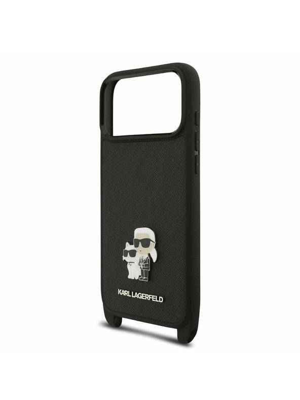 Karl Lagerfeld Karl Lagerfeld Saffiano Crossbody Trakovi Metal Karl and Choupette Zadnji Ovitek za iPhone 17 Pro Black