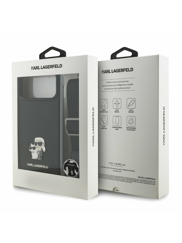Karl Lagerfeld Karl Lagerfeld Saffiano Crossbody Trakovi Metal Karl and Choupette Zadnji Ovitek za iPhone 17 Pro Black