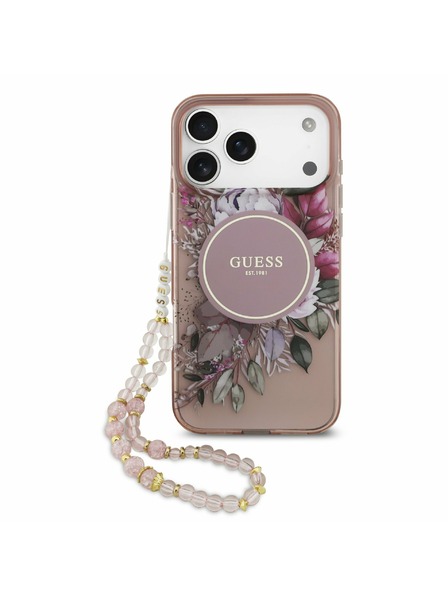 Guess Guess IML Flowers Strap MagSafe Zadnji Ovitek za iPhone 17 Pro Max Pink