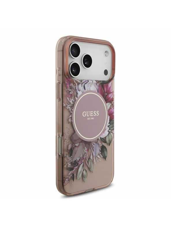 Guess Guess IML Flowers Strap MagSafe Zadnji Ovitek za iPhone 17 Pro Max Pink
