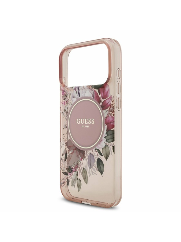 Guess Guess IML Flowers Strap MagSafe Zadnji Ovitek za iPhone 17 Pro Max Pink