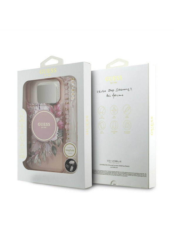 Guess Guess IML Flowers Strap MagSafe Zadnji Ovitek za iPhone 17 Pro Max Pink