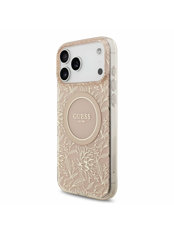 Guess Guess IML Flowers Allover Strap MagSafe Zadnji Ovitek za iPhone 17 Pro Max Pink