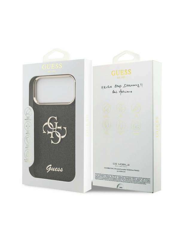 Guess Guess PU Fixed Glitter 4G Metal Frame Zadnji Ovitek za iPhone 17 Pro Max Black