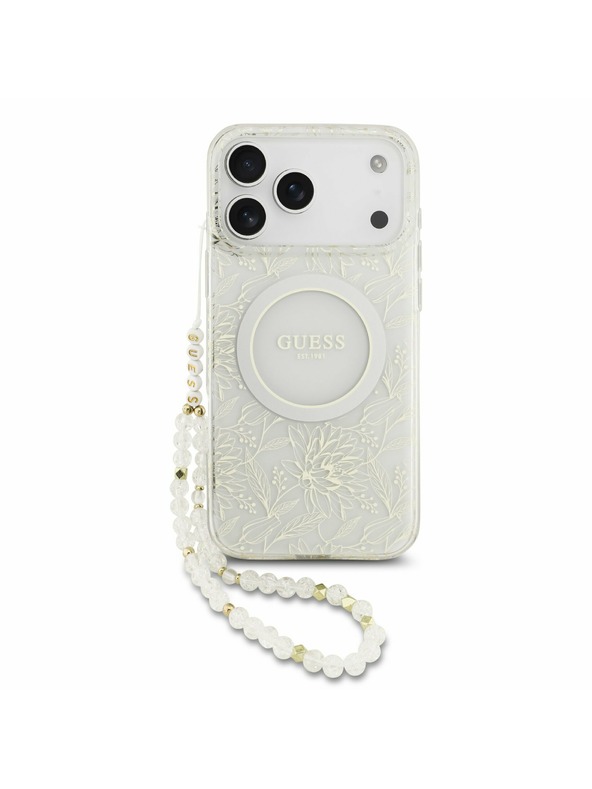 Guess Guess IML Flowers Allover Strap MagSafe Zadnji Ovitek za iPhone 17 Pro Max White