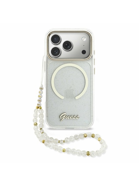 Guess Guess IML Glitter Script Strap MagSafe Zadnji Ovitek za iPhone 17 Pro Max Transparent