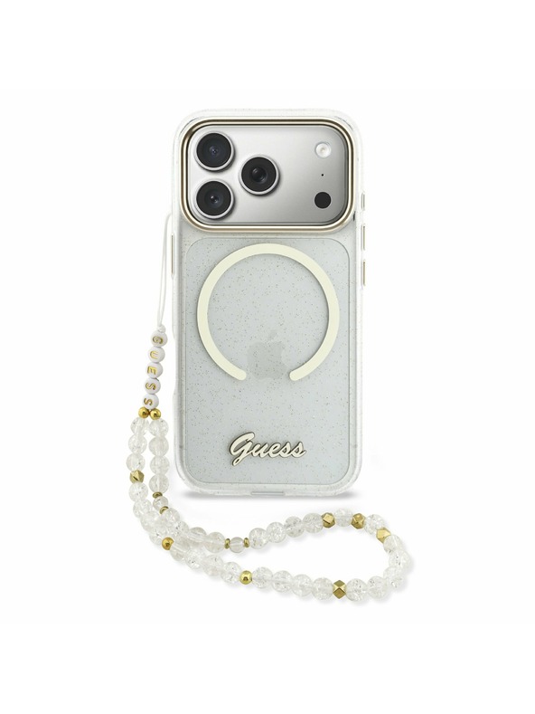 Guess Guess IML Glitter Script Strap MagSafe Zadnji Ovitek za iPhone 17 Pro Max Transparent